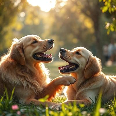 The image features two golden retrievers sitting in the grass, with their mouths open and their tongues hanging out. They appear to be enjoying a sunny day outdoors. The setting is a grassy area with trees in the background, creating a natural and relaxed atmosphere. The visual style is a photo, capturing the dogs in their natural environment. The colors are predominantly warm and vibrant, with the golden retrievers' fur and the green grass being the most noticeable elements.